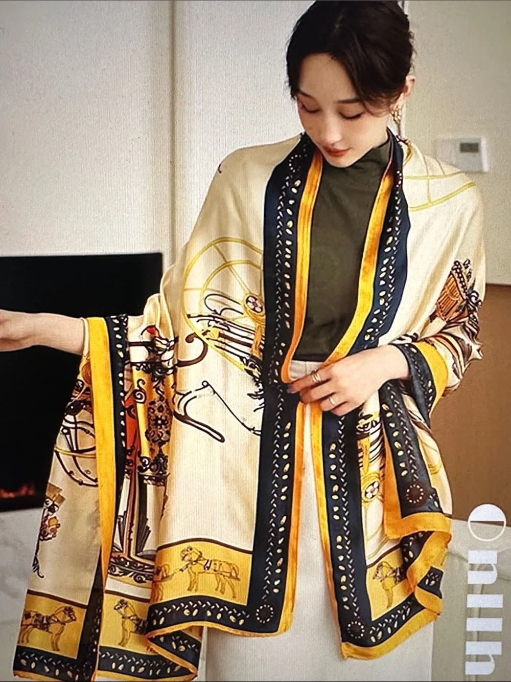 Elegant Cream and Gold Printed Women's Shawl Scarf